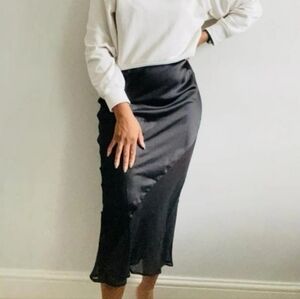 Topshop Satin & Sheer Chiffon Black Midi Slip Skirt, Stretch Waist, Size 8, EUC!